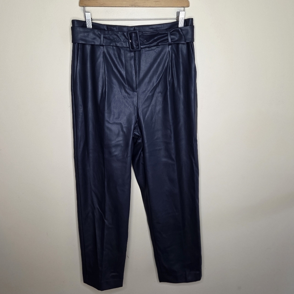 Ann Taylor Faux Leather Dark Navy Straight Leg High Rise Belted Crop Pant Size 8